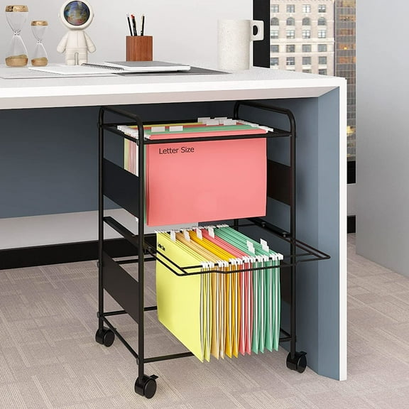 2-Tier Metal Rolling File Cart with Wheels and Hanging Files for Letter Size - Movable Pull-Out Folder Rack Drawer Cabinet for Home Office