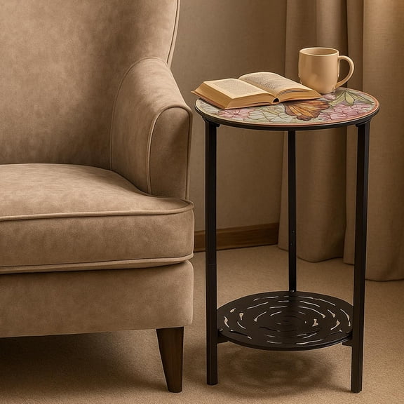 2-Tier Metal Round Side Table with Butterfly Print - Weather-Resistant Accent Coffee Table for Indoor Outdoor Balcony