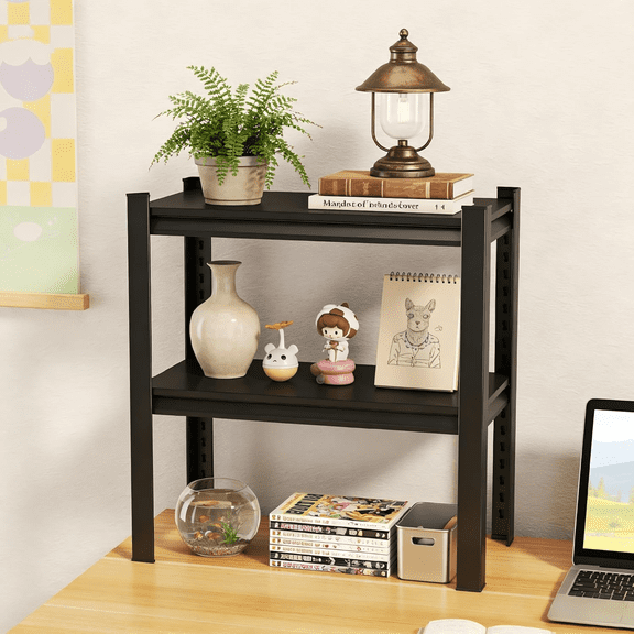 2-Tier Metal Shelving Adjustable with Fence Kitchen Storage Rack 14"W x 22"H x 12"D Metal Storage Shelf Black Shelving Unit 1200LBS Shelvs for Kitchen Pantry Basement