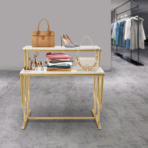 2 Tier Metal Shoe Handbag Display Stand Display Riser Boutique Nesting Tables with Gold Metal Frame and White Wood Tabletop Modern Retail Display Tables for Stores, 220lbs Capacity