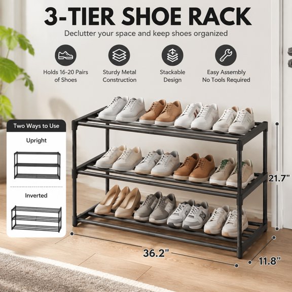 2-Tier Metal Shoe Rack Organizer, Stackable Shoe Storage Shelf for 6-9 Pairs, Upright or Upside Down, Entryway Shoe Holder, 11.8 x 26.8 x 14.6 Inches, Black