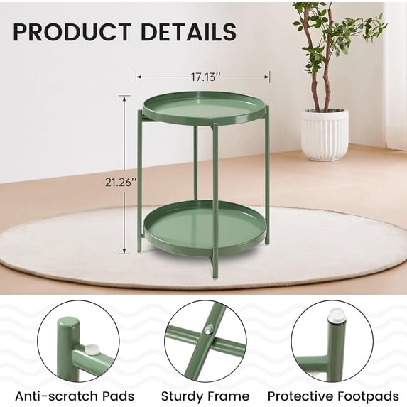 2 Tier Metal Side Table with Removable Tray, Anti-Rust Green Nightstand for Bedroom Balcony