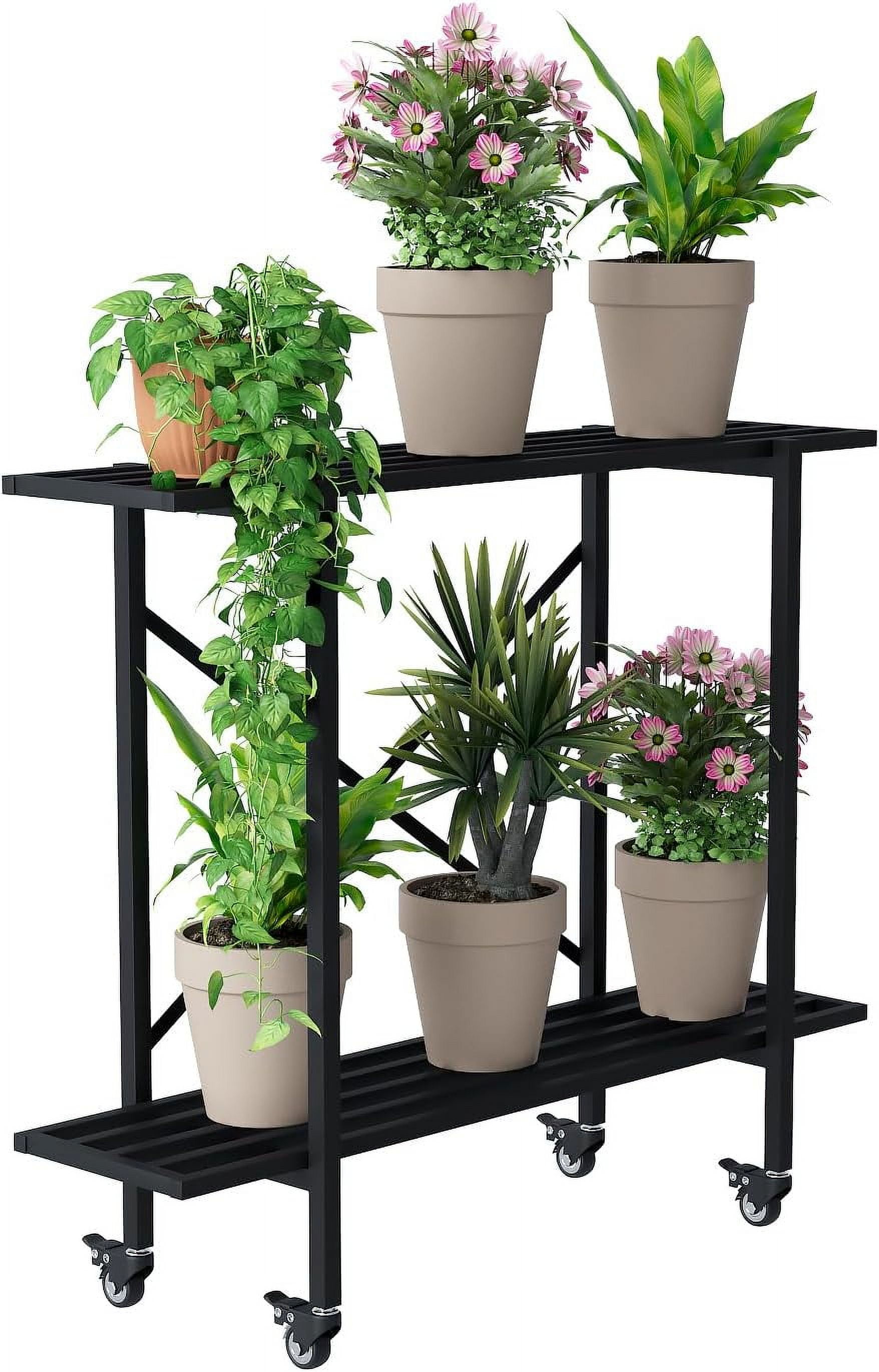 2 Tier Metal Sturdy Narrow Plant Stand with Wheels, Plant Stand Indoor
