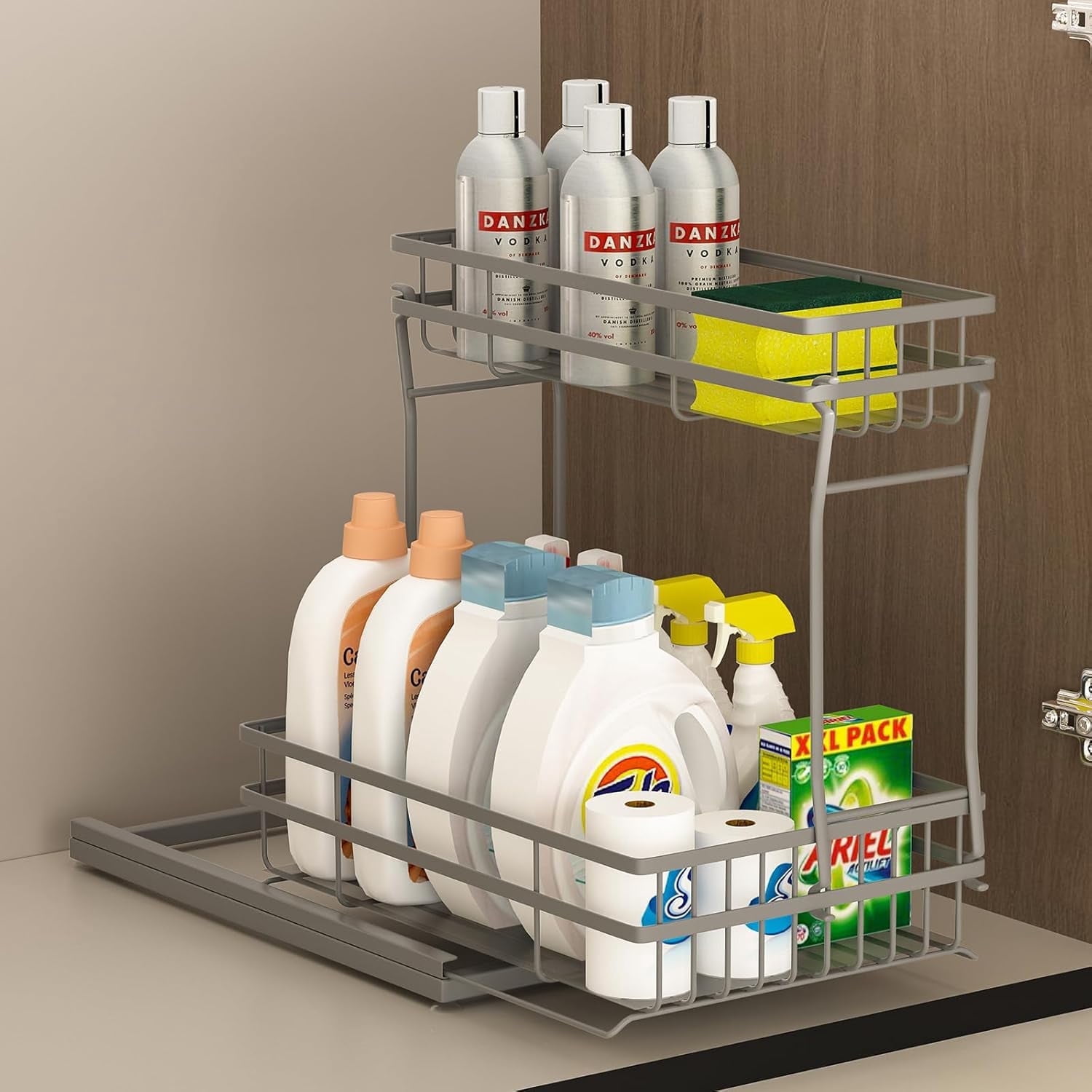2 Tier Metal Under Sink Organizers and Storage, Pull Out Cabinet Organizer, Sliding Drawer Storage for Kitchen Bathroom