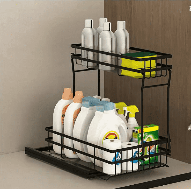 2 Tier Metal Under Sink Organizers and Storage, Pull Out Cabinet Organizer, Sliding Drawer Storage for Kitchen Bathroom