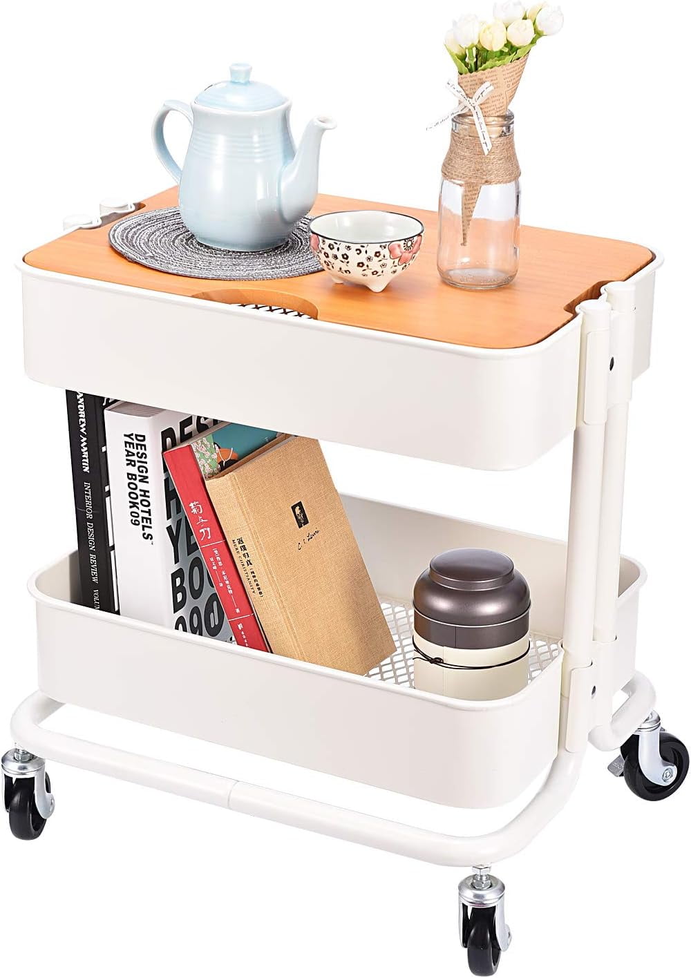 2-Tier Metal Utility Rolling Cart Storage Side End Table with Cover ...