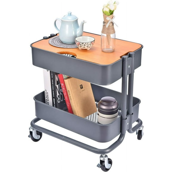 2-Tier Metal Utility Rolling Cart Storage Side End Table with Cover Board for Office Home Kitchen Organization, Dark Gray