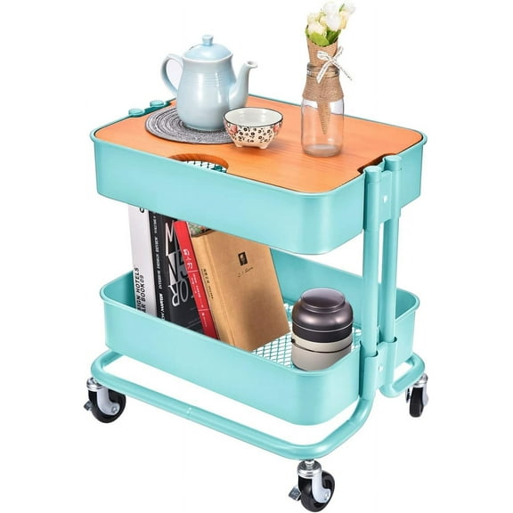 2-Tier Metal Utility Rolling Cart, Storage Side End Table with Cover Board
