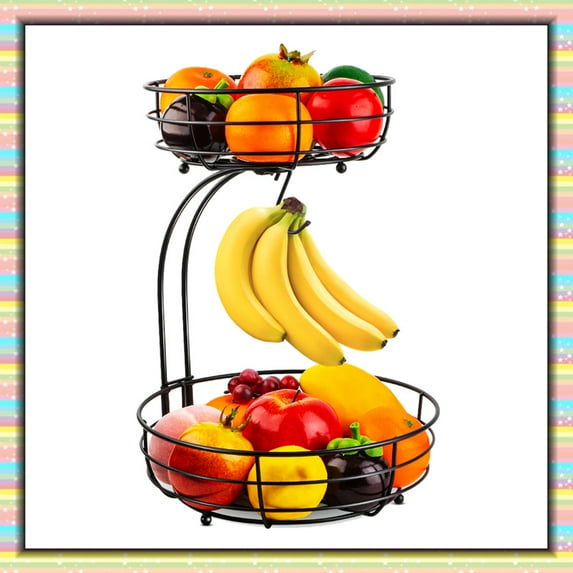 2 Tier Metal Wire Fruit Basket with Banana Hanger, Detachable Storage Basket for Kitchen Countertop (Black)