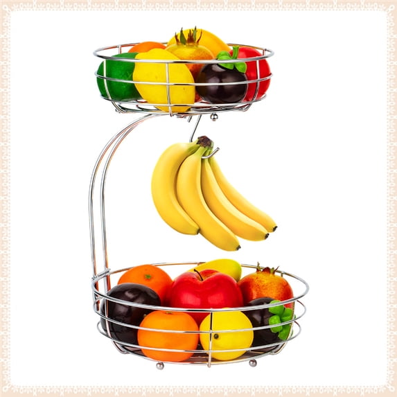 2 Tier Metal Wire Fruit Baskets with Banana Tree, Detachable Bowl for Kitchen Counter, Silver