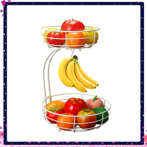 2 Tier Metal Wire Fruit Vegetable Basket Bowl with Banana Hanger, Detachable Bowl for Kitchen Countertop in White
