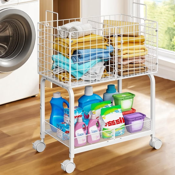 2-Tier Metal Wire Laundry Basket Cart,White Laundry Cart with Dividers and Handles,360-Degree Swivel Wheels,for Laundry Rooms,Bedrooms,and Bathrooms-23.6x15.7x28.3 inches.