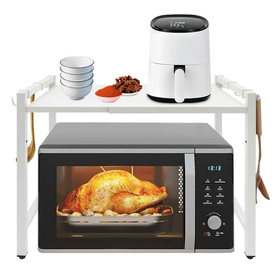 White 2 Tier Extendable Microwave Oven Rack,Adjustable Kitchen Countertop Shelf,Microwave Stand with 6 Hooks for Kitchen Countertop