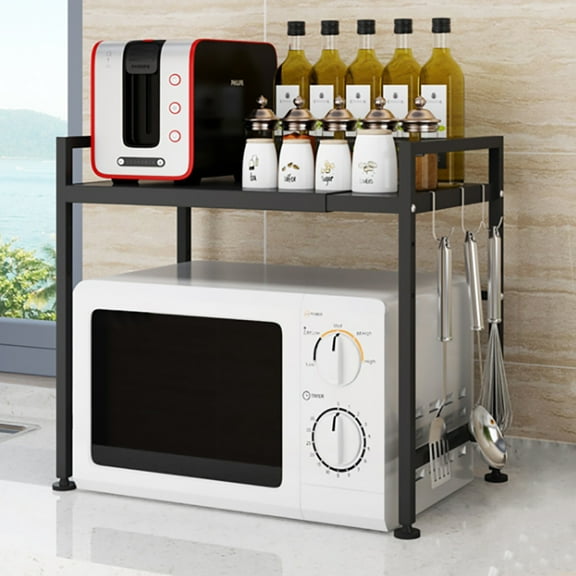 2-Tier Microwave Oven Rack Baker's Rack Shelf for Kitchen Utensils Adjustable Shelf Organizer for Kitchen Counter, Black, Stainless Steel Microwave Stove Expandable Microwave Shelf with 3 Hooks