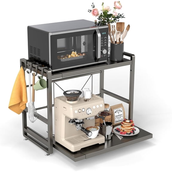 2-Tier Microwave Rack - Height Adjustable & Extendable Kitchen Shelf with Drawer - Carbon Steel - Includes Hooks & Reinforcement Suction Cups - Easy Assembly (Black)