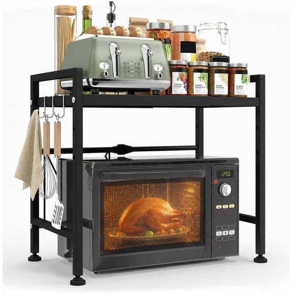 2-Tier Microwave Shelf, Expandable - Heavy Duty Microwave Stand for Countertop & Kitchen with 8 Hooks - For Oven, Coffee Maker & (black)
