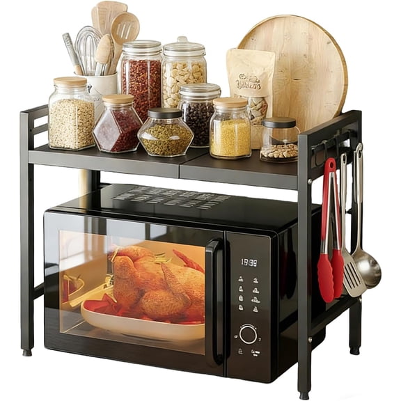 2 Tier Microwave Stand, Expandable Metal Kitchen Counter Organizer Shelf with 6 Hooks, Heavy Duty Baker's Rack for Microwave, Oven, Toaster Storage, 55lbs Capacity