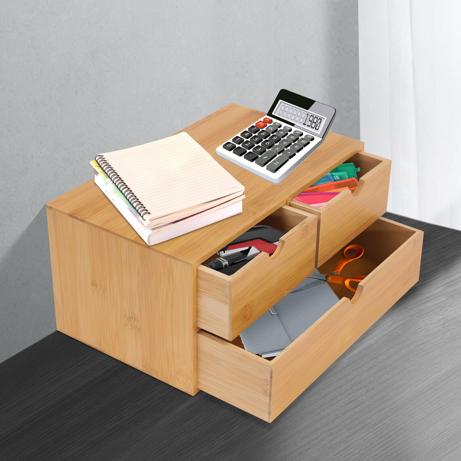 Bamboo Desk Organizer -Tabletop Mini Bamboo Desk Drawer Storage Box with 3 Drawers 12.99*7.48*6.3inch for Cosmetics Collections, Toiletries, Jewelry