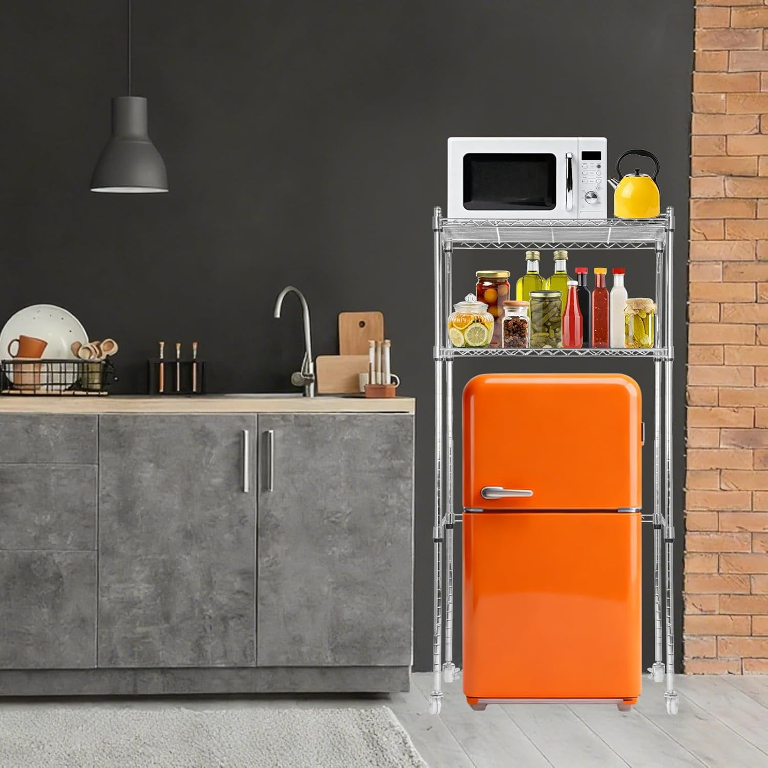 2 Tier Mini Fridge Shelf Over Fridge Storage Rack with Adjustable Height and Lockable Wheels for Dorm Office Space Saving Organizer
