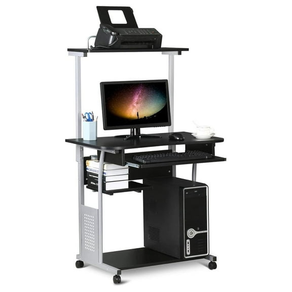 2 Tier Mobile Computer Desk with Printer Shelf & Keyboard Tray Rolling Computer Table for Small Spaces, Compact Study Workstation with Wheels, Space Saving, Black