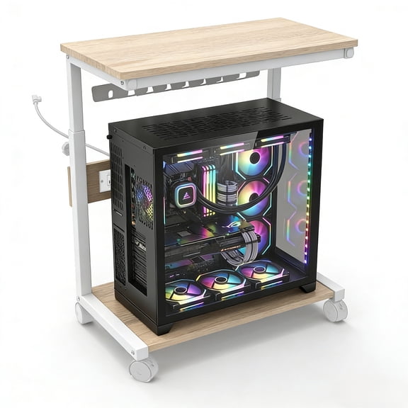 2-Tier Mobile Computer Tower Stand Adjustable Height with Built-in USB Power Outlet, Under Desk Rolling CPU Holder with Locking Wheels, Wood & Steel, for Office or Home