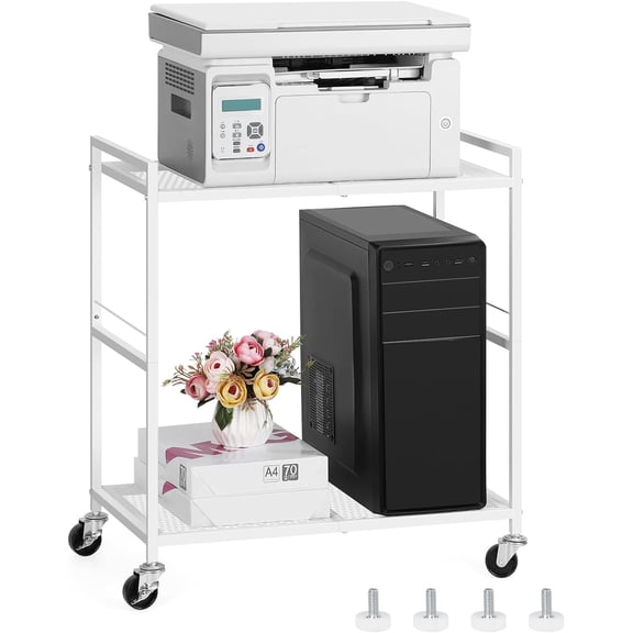 2-Tier Mobile Storage Rack With Metal Swivel Wheels, Rolling Printer Cart For Fax, Home Office, White