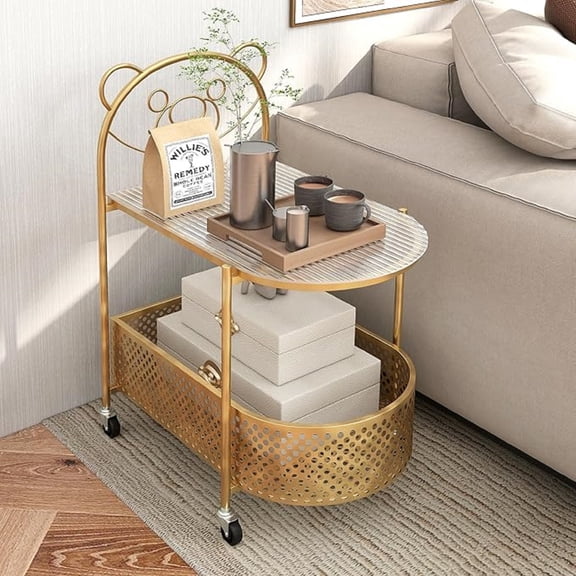 2-Tier Modern Bear Pattern Coffee Table, Golden/White Lacquered Finish, Tempered Glass Top, Storage Basket, Wheels