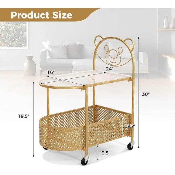 2-Tier Modern Bear Pattern Coffee Table with Tempered Glass Top and Storage Basket