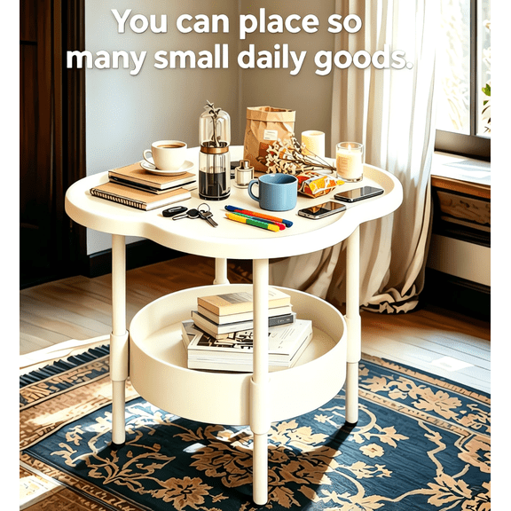 2-Tier Modern Bedside Table, Four-Leaf Clover Shaped End Table, Nightstand, Multi-Purpose Snack Table for Bedroom Living Room