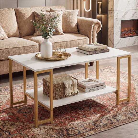 2 Tier Modern Coffee Table Open Storage Robot Vacuum Friendly White Gold