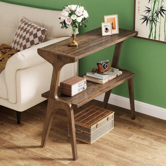 2-Tier Modern Coffee Table, Wood Farmhouse Rustic Center Table with Open Shelves and 4 Legs, Lightweight Beside Table for Small Space, Living Room, Bedroom, Dark Brown