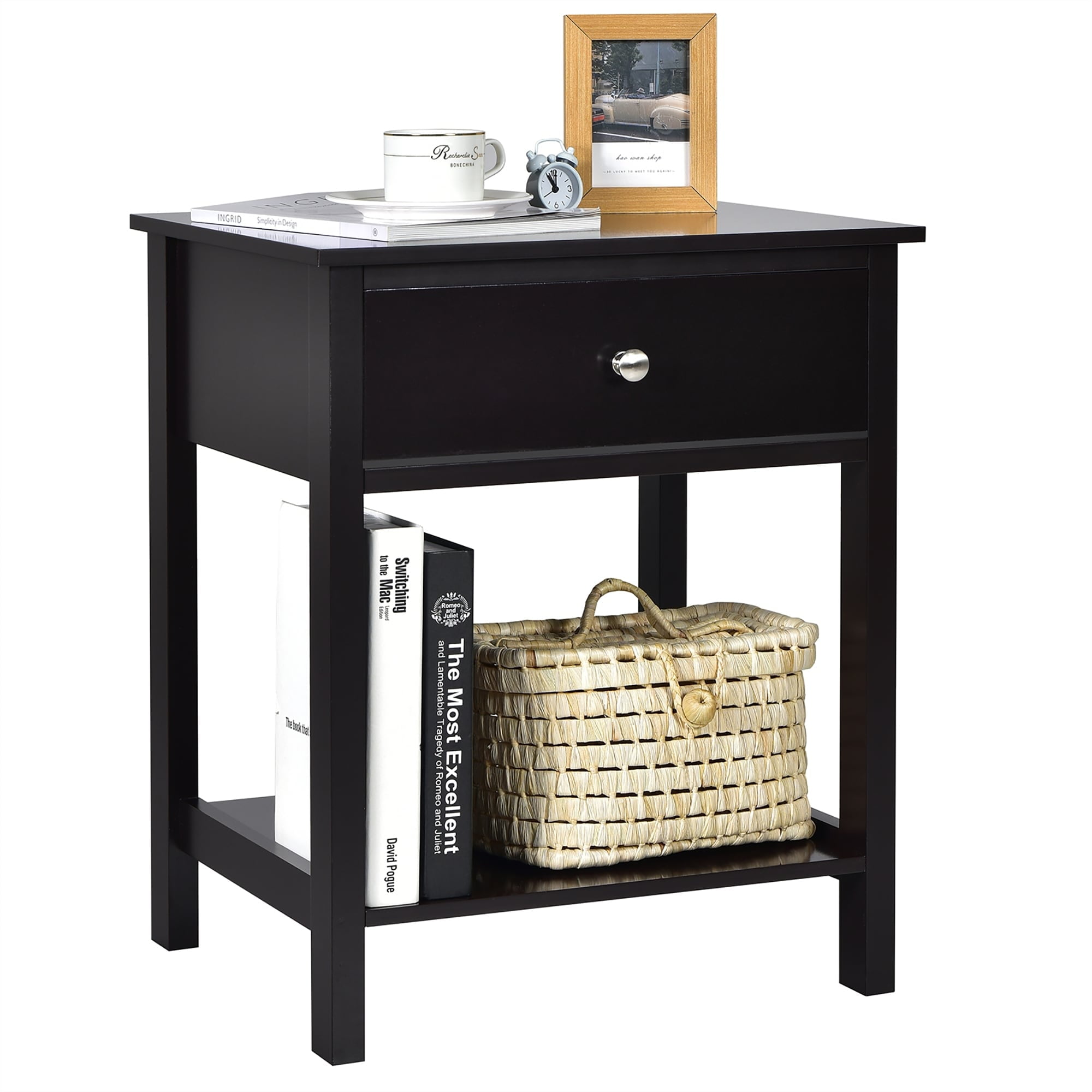 Black MDF Modern 2-Tier Nightstand with Drawer and Shelf