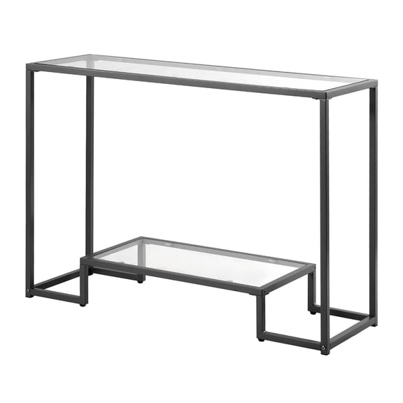 2-Tier Modern Glass Console Table, Rectangular Sofa Side Table with Tempered Glass Top & Sturdy Iron Legs in Black/Gold, Includes Anti-Tip Safety Device for Living Room, Hallway, Entryway, Foyer