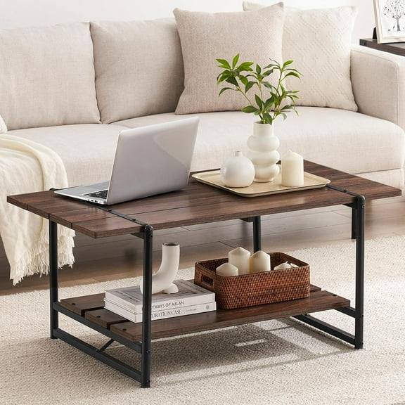 2-Tier Modern Industrial 41" Large Wood Coffee Table with Storage Shelf - Rustic Metal Rectangle Center Living Room Coffee Table Accent Furniture for Home Office, Brown Walnut