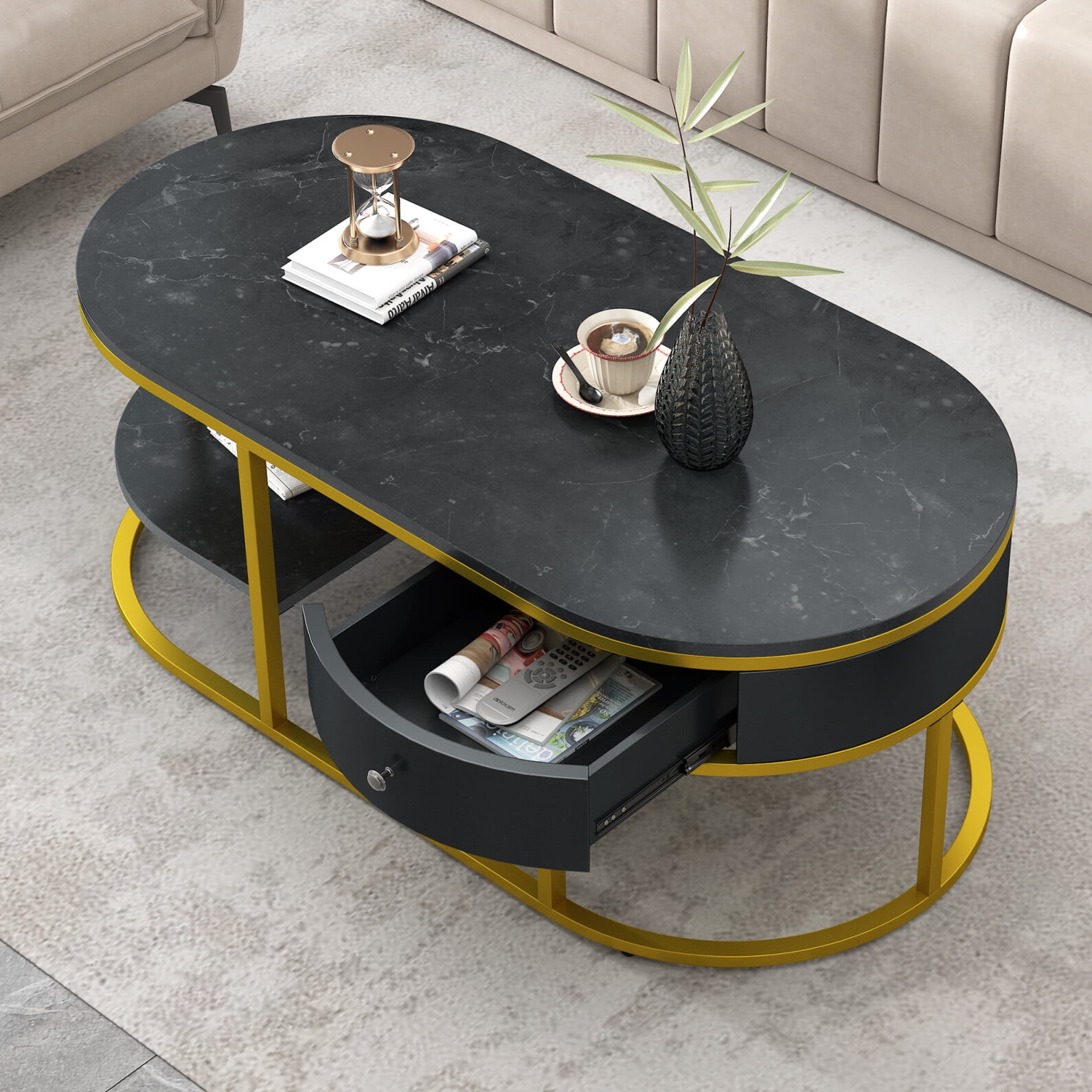 2 Tier Modern Marble Golden Coffee Table, 40 Inch Oval Sofa Table, Metal Frame, with Drawers