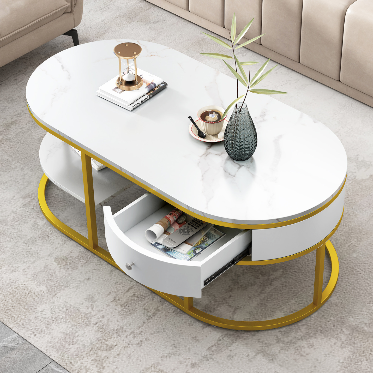 2 Tier Modern Marble Golden Coffee Table, 40 Inch Oval Sofa Table, Metal Frame, with Drawers