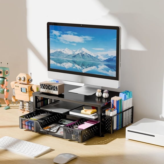 2-Tier Monitor Stand Riser, Drawer & 2 Pen Holders, Black