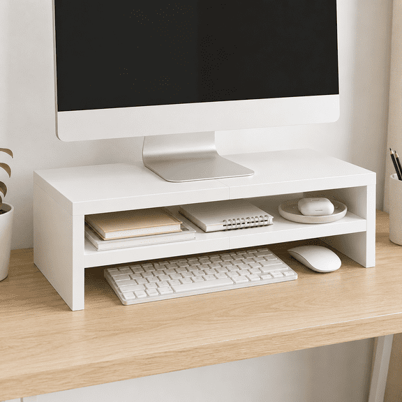 2-Tier Monitor Stand Riser, MDF Desktop Shelf with Storage, 20 in Computer Monitor Riser for Laptop, Printer, Keyboard, Office Desk