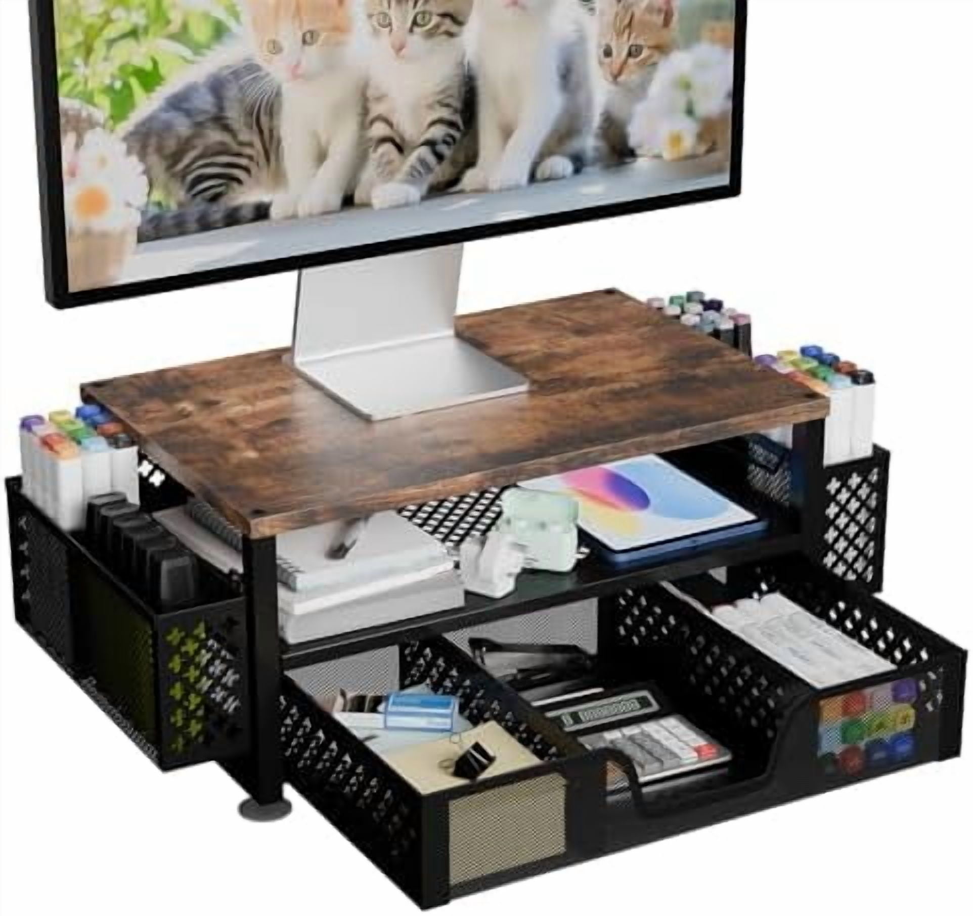 2 Tier Monitor Stand Riser, Wood Computer Desk Organizer with Drawer ...