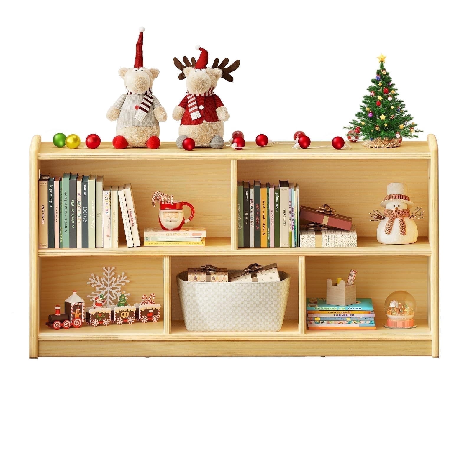 ROGALIS 2-Tier Wooden Montessori Cabinet, Freestanding Kids Bookshelf & Toy Storage Organizer, Rounded Corner & Anti-Tip Furniture for Nursery Playroom Classroom