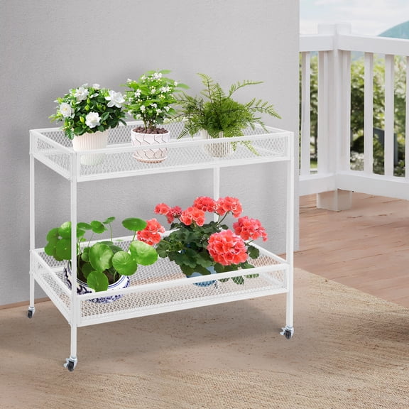 2-Tier Moving Garden Storage Shelf Metal Plant Stand with Wheels White