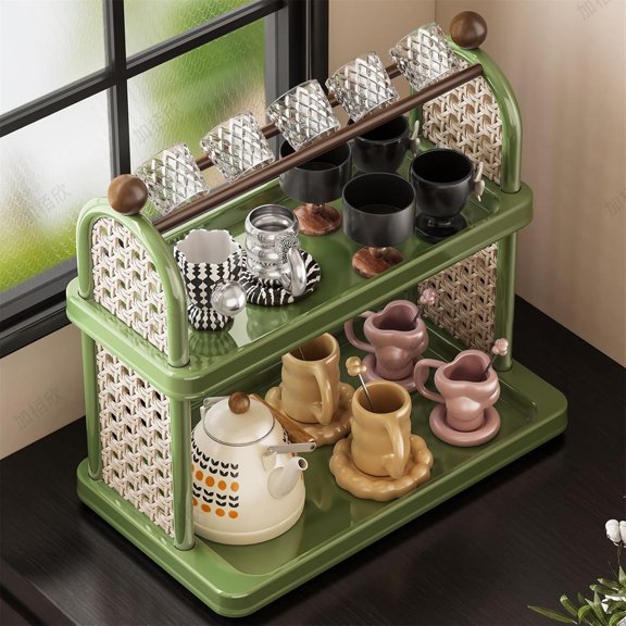 2-Tier Mug Holder For Countertop,Cup Rack Coffee Bar Station Mug Organizer For Kitchen Cabinets with Glass Holder, Tea Cup Storage Rack (green)