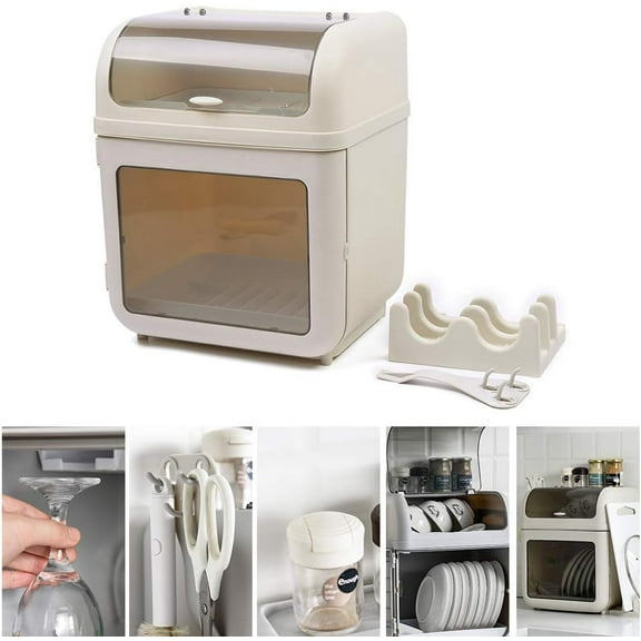 2 Tier Multi-Functional Dish Drying Rack and Cutting Board, Cup Drying Rack and Removable Drain Plate Countertop Dish Rack with Pot Lid, Removable Drip Tray with 3-in-1 Hooks,12.99*10.63*16.14 in