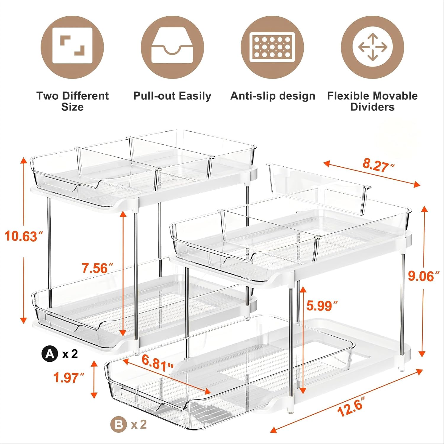 2-Tier Multi-Purpose Bathroom Under Sink Organizers and Storage, Stackable Kitchen Pantry Organization, Pull Out Medicine Cabinet Organizer with Movable Dividers, White, 4Pack