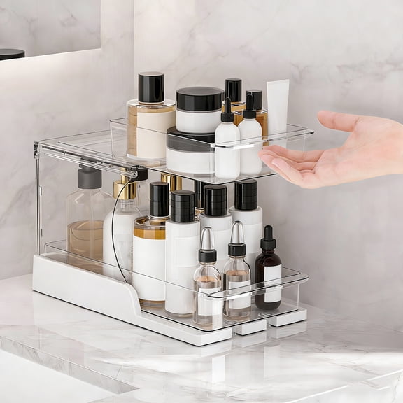 2 Tier Multi-Purpose Office Sliding Organizer Shelf,Kitchen Countertop Organizer Drawer for Bathroom Under Sink & Coffee Bar,Space Saving Pull Out Medicine Cabinet Organization Storage Rack