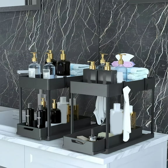 2 Tier Multi-Purpose Pull-Out Storage Organizers, Under Bathroom Cabinet Organizer with Hooks & Hanging Cups, Multi-Purpose Drawer Basket Shelf for Kitchen Bathroom