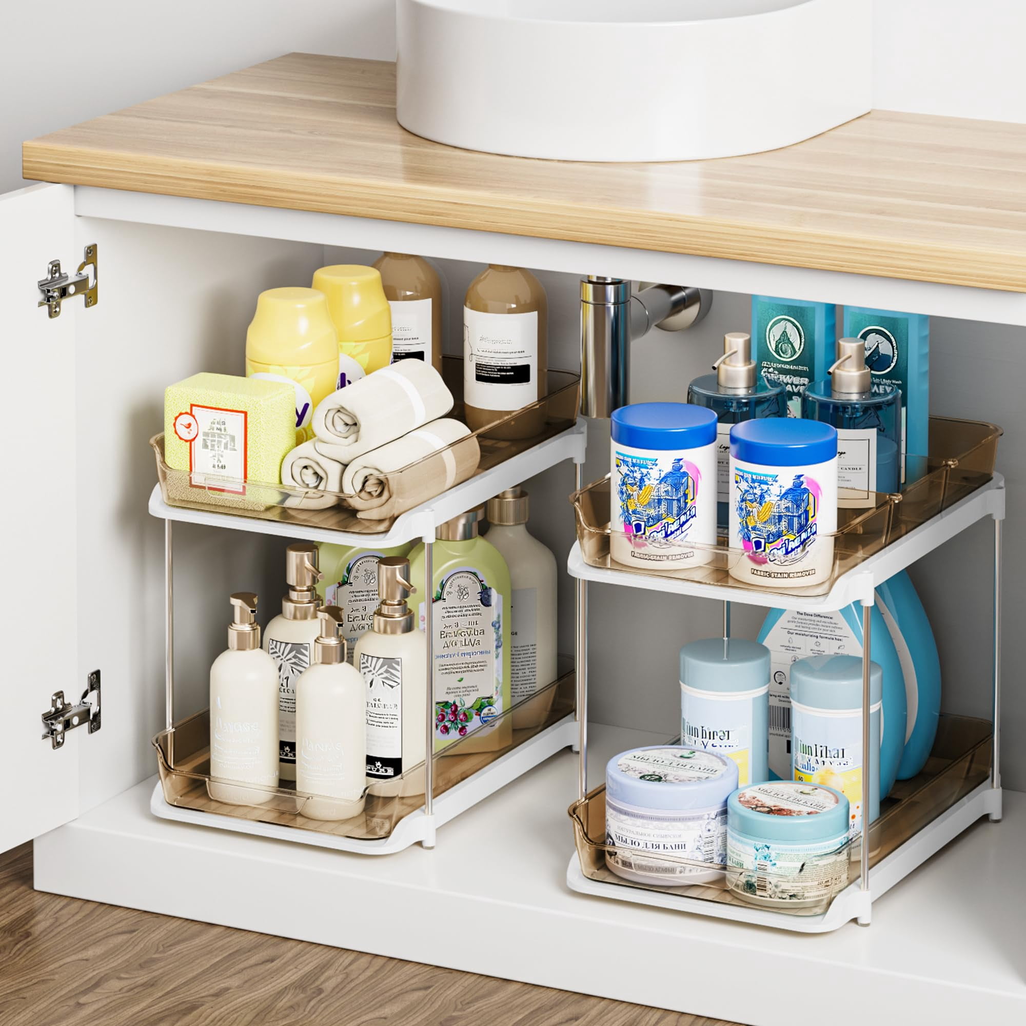 2-Tier Multi-Purpose Under Sink Organizer and Storage, Stackable Kitchen Pantry Organizer, Pull Out Cabinet Organizer with Adjustable Dividers, White, 2 Pack