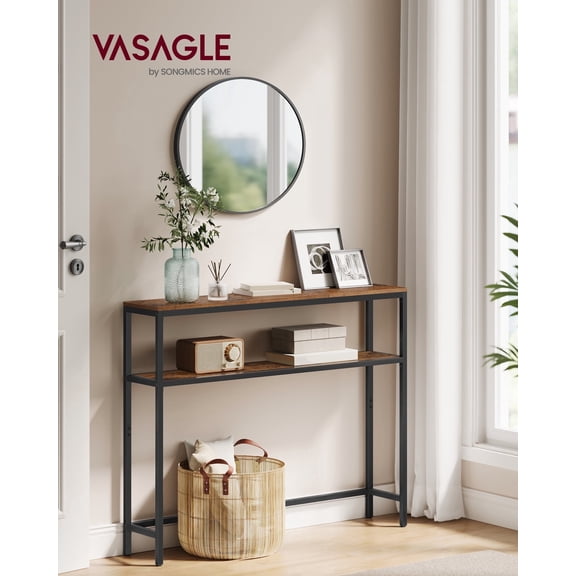 2-Tier Narrow Console Table, 31.5 Inch Sofa Table with 2 Shelves & Adjustable Feet, for Entryway Living Room Hallway, Rustic Brown & Black