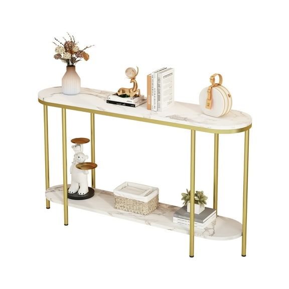 2-Tier Narrow Console Table with Faux Marble Top, Gold Metal Frame Entryway Table with Storage Shelf for Living Room, Bedroom, Hallway, Office, Easy Assembly, White & Gold