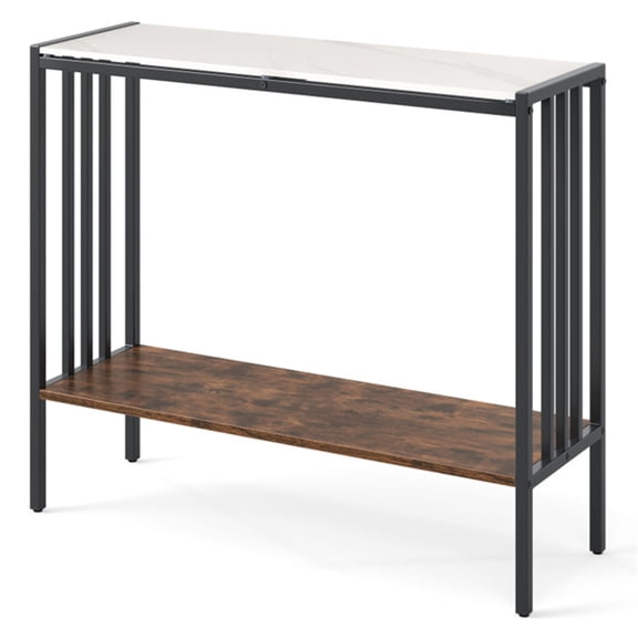 2-Tier Narrow Console Table with Sintered Stone Top, Modern Industrial Entryway Sofa Table with Reinforced Metal Frame, Slim Storage Accent Table for Hallway Living Room